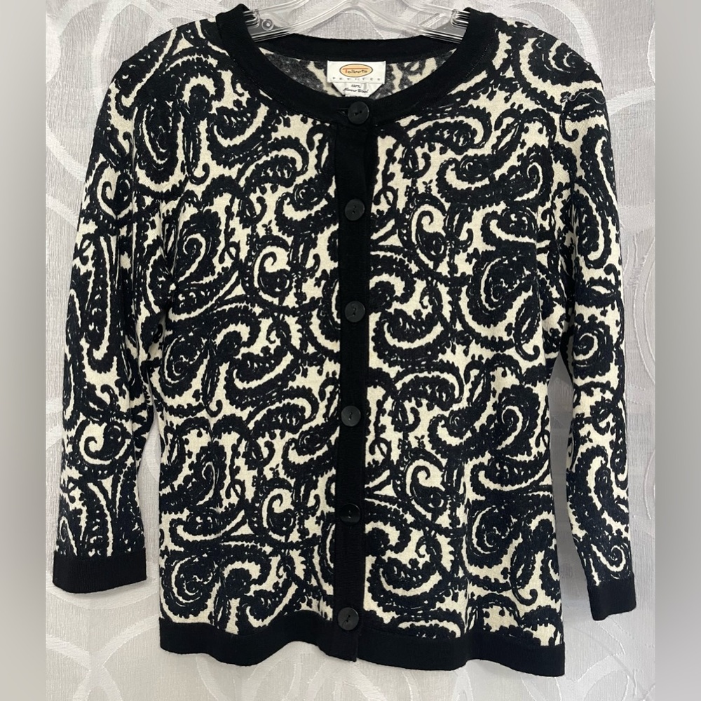 Talbots 3/4 Sleeve Black & Ivory Paisley Merino Wool Cardigan Sweater